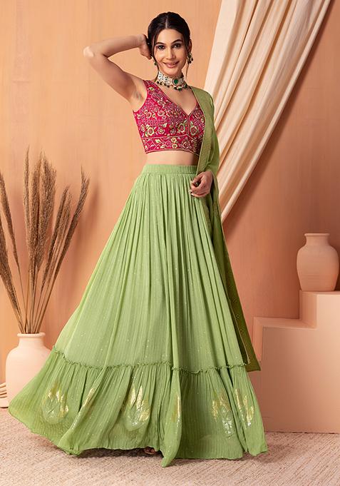 Pista Green Tiered Lehenga Set With Contrast Embroidered Blouse And Dupatta