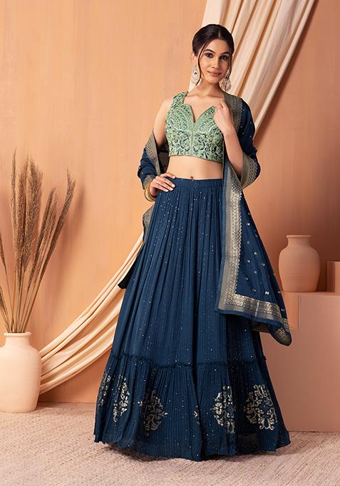Teal Blue Tiered Lehenga Set With Contrast Blouse And Dupatta