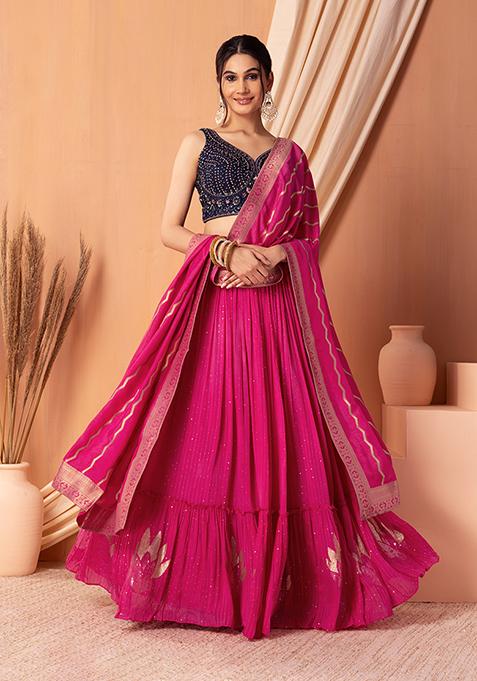 Pink Tiered Lehenga Set With Contrast Embroidered Blouse And Dupatta