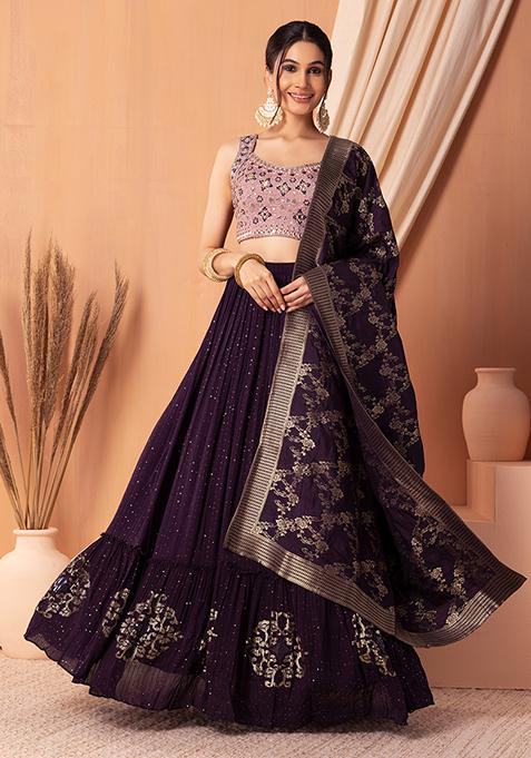 Dark Purple Tiered Lehenga Set With Contrast Embroidered Blouse And Dupatta