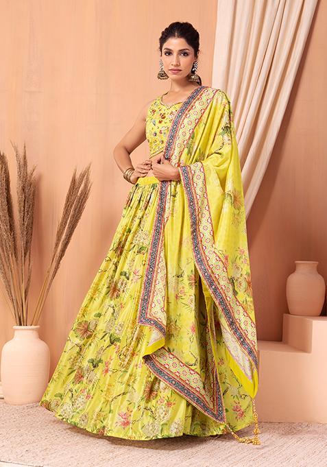 Mustard Floral Print Lehenga Set With Embroidered Blouse And Dupatta