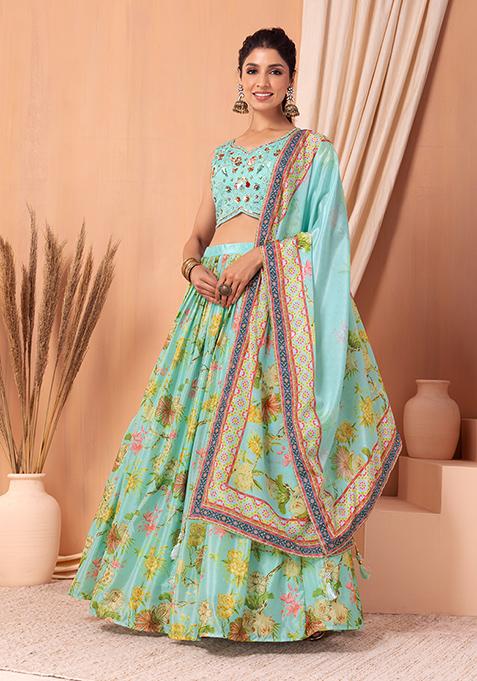 Sea Green Floral Print Lehenga Set With Embroidered Blouse And Dupatta