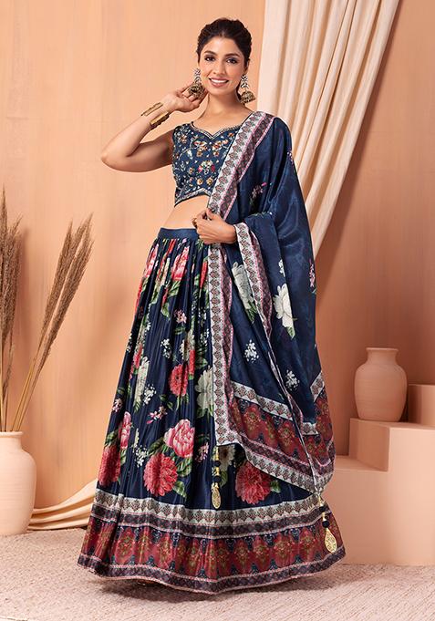 Navy Blue Floral Print Lehenga Set With Multicolour Embroidered Blouse And Dupatta