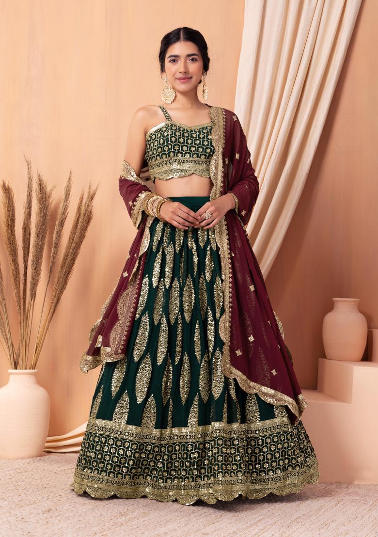 Green lehenga set,intricately embroidered raw silk skirt, embroidery top &  contrast shimmer georgette embroidery dupatta