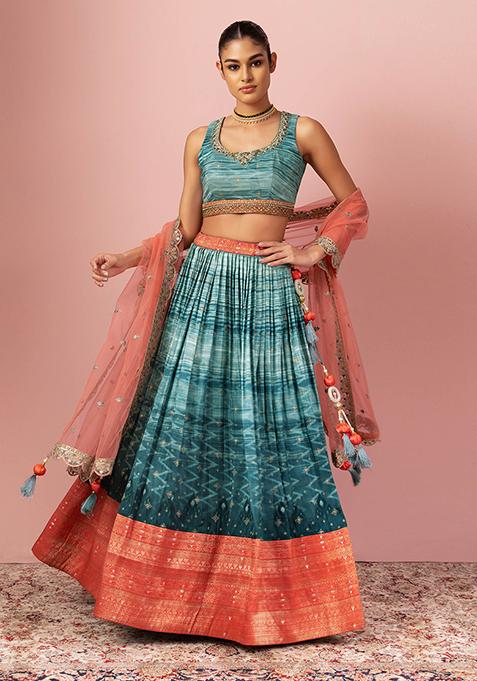 Sage Green Embroidered Lehenga Set With Blouse And Contrast Dupatta