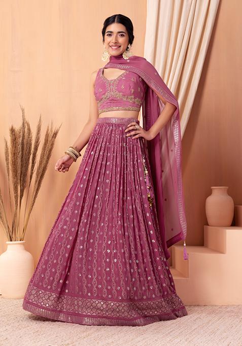 Pink Tonal Thread Embroidered Lehenga Set With Blouse And Dupatta