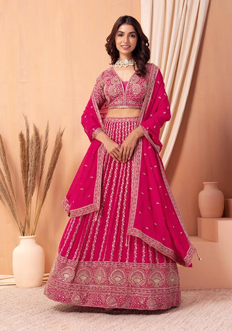 Hot Pink Allover Zari Embroidered Lehenga Set With Blouse And Dupatta