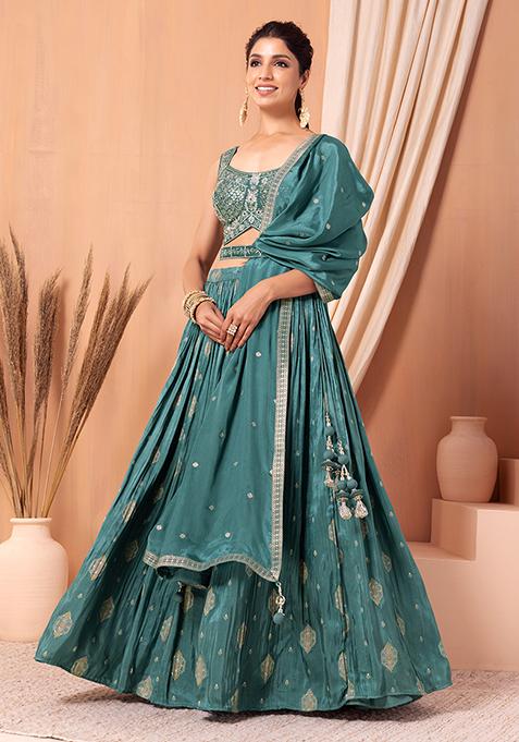 Teal Green Ombre Jacquard Lehenga Set With Blouse And Dupatta And Belt