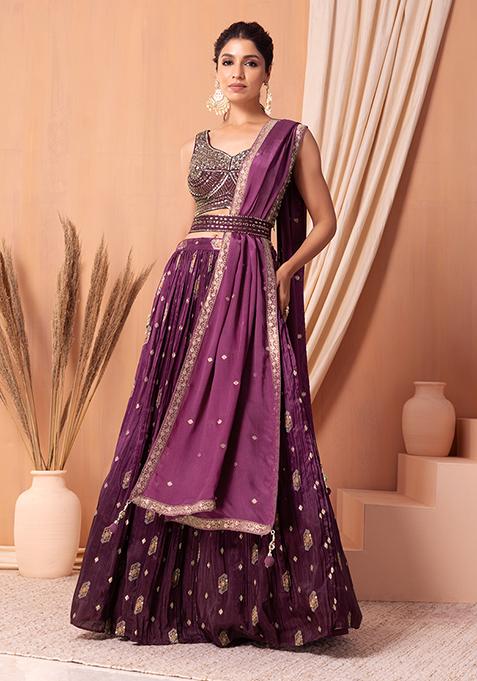 Wine Ombre Jacquard Lehenga And Blouse Set With Dupatta And Belt