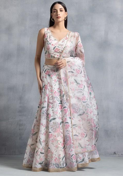 Off White Floral Digital Print Lehenga Set With Blouse And Dupatta