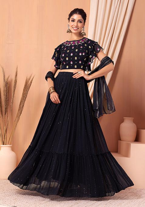 Black Thread Embroidered Lehenga Set With Floral Embroidered Blouse And Dupatta