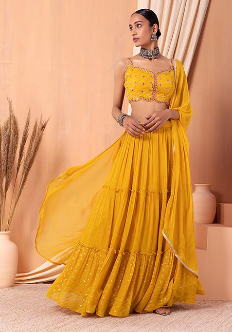 Yellow Tiered Lehenga Set With Embroidered Blouse And Dupatta