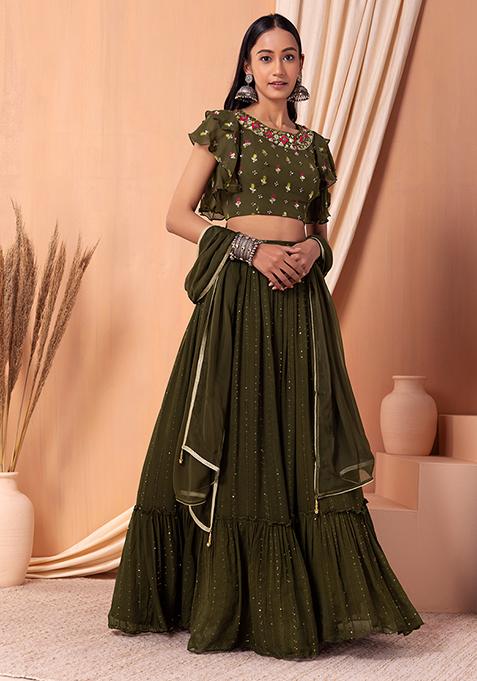 Fern Green Tiered Lehenga Set With Embroidered Blouse And Dupatta