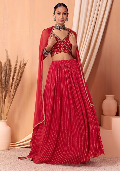 Red Lehenga Set With Embroidered Blouse And Dupatta 