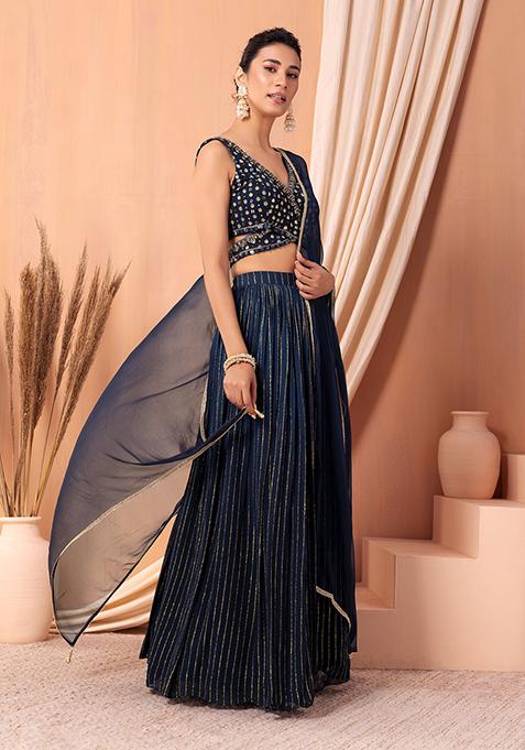 Navy Blue Lehenga Set With Embroidered Blouse And Dupatta 