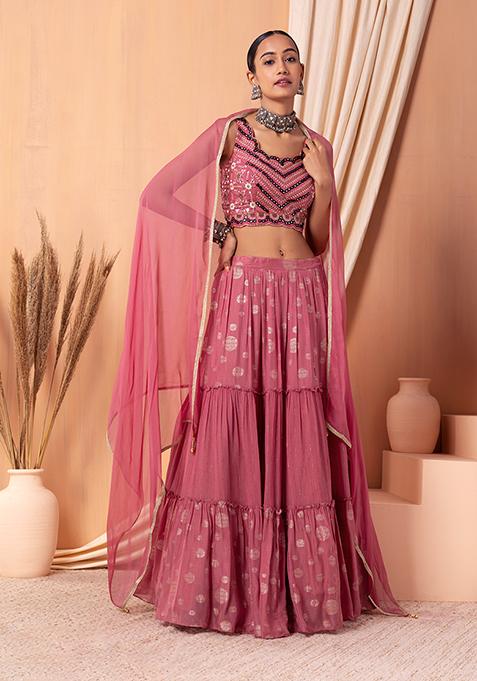 Pink Jacquard Embroidered Lehenga Set With Blouse And Dupatta