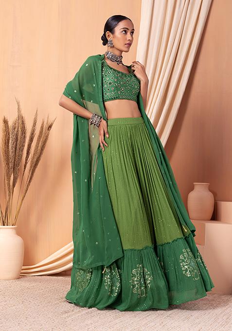 Light Green Sequin Embroidered Tiered Lehenga Set With Contrast Blouse And Dupatta