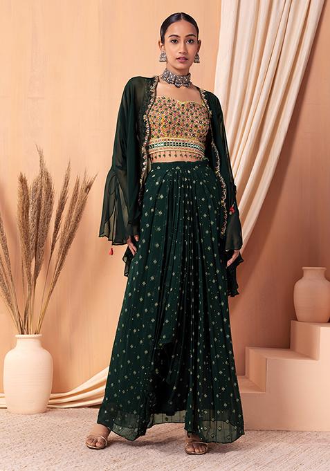 Deep Green Embroidered Lehenga Set With Contrast Blouse And Jacket
