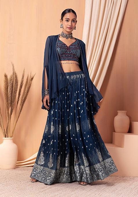 Teal Blue Embroidered Lehenga Set With Blouse And Jacket