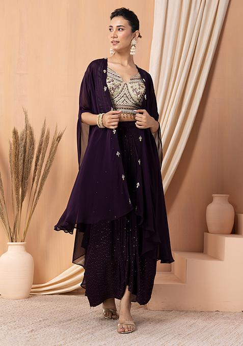 Purple Embroidered Lehenga Set With Contrast Blouse And Jacket