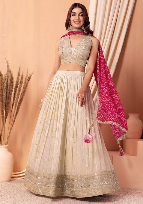 Ivory Zari Embroidered Lehenga Set With Blouse And Contrast Dupatta
