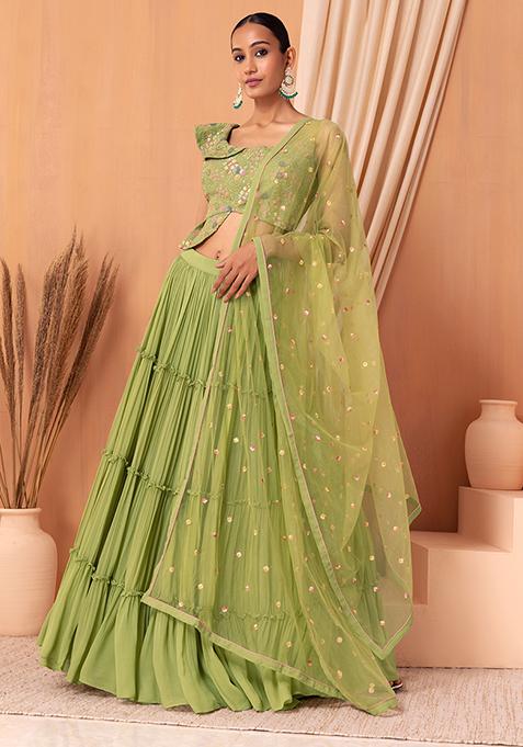 Lime Green Tiered Lehenga Set With Floral Embroidered Blouse And Dupatta