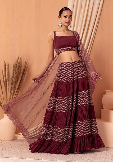 Maroon Chevron Sequin Embroidered Tiered Lehenga Set With Blouse And Dupatta