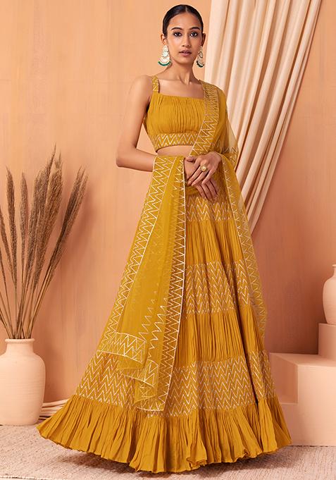 Mustard Chevron Sequin Embroidered Tiered Lehenga Set With Blouse And Dupatta