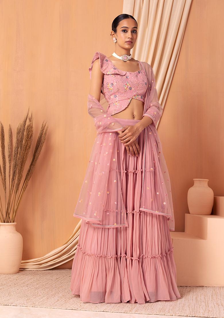 Peach Deep Pink Thread And Sequins Embroidered Work Art Silk