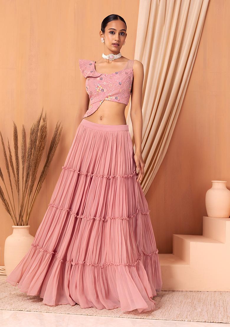 Buy Icy Pink Net Lehenga And Sleeveless Crop Top With 3D Flower Cluster And  Scattered Buttis Online - Kalki Fashion