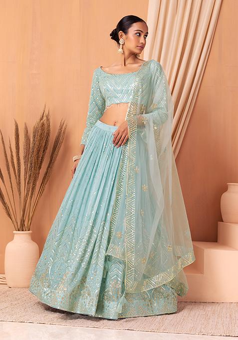 Powder Blue Floral Embroidered Lehenga Set With Embroidered Blouse And Dupatta