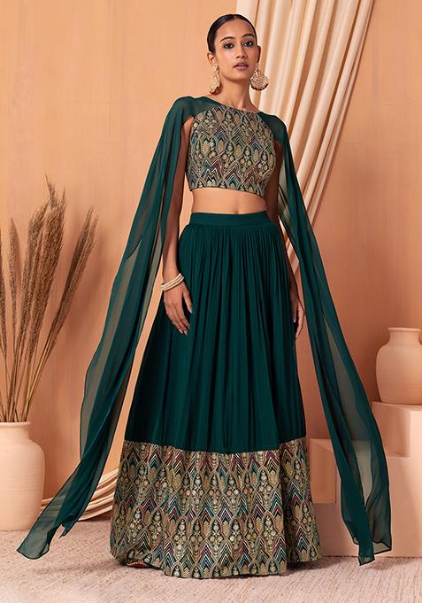 Dark Green Abstract Embroidered Lehenga Set With Blouse