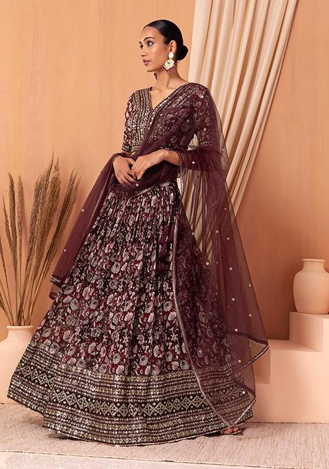 Wine Floral Print Embroidered Lehenga Set With Blouse And Dupatta