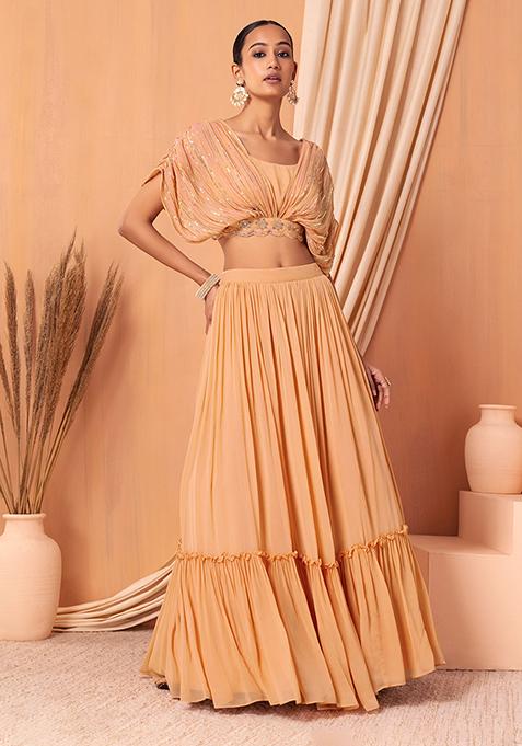 Peach Tiered Lehenga Set With Sequin Embroidered Blouse