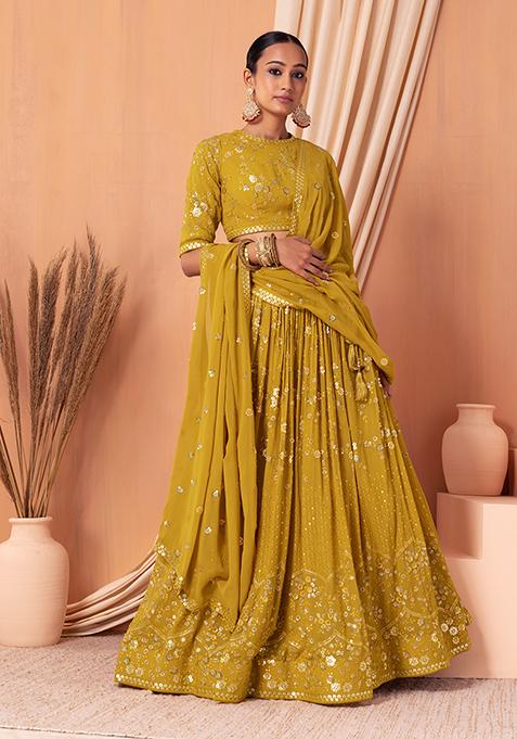 Mustard Floral Sequin Embroidered Lehenga Set With Blouse And Dupatta