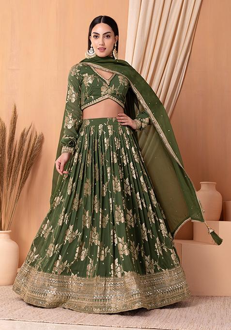 Olive Jacquard Floral Sequin Embroidered Lehenga Set With Blouse And Dupatta
