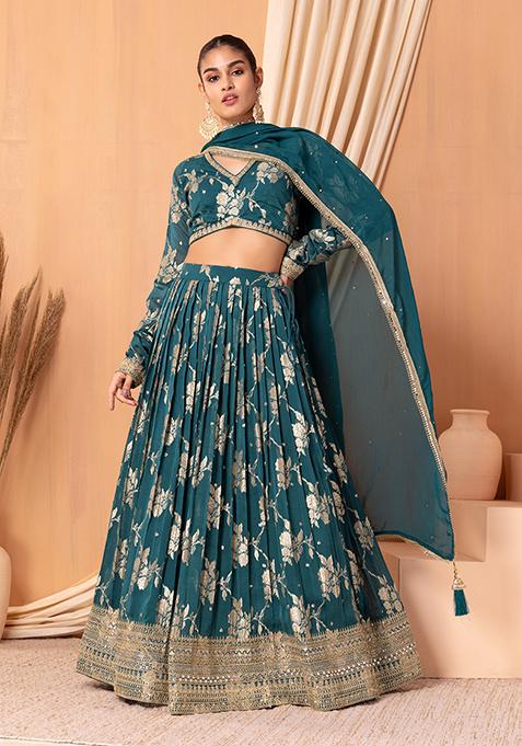 Deep Blue Jacquard Floral Sequin Embroidered Lehenga Set With Blouse And Dupatta