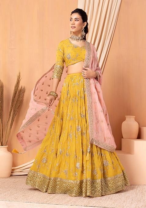Bright Yellow Floral Zari Embroidered Lehenga Set With Blouse And Dupatta