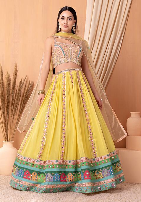 Light Yellow Embroidered Lehenga Set With Contrast Blouse And Dupatta
