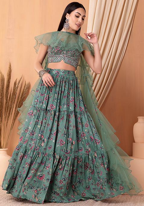 Sage Green Floral Print Lehenga Set With Embroidered Blouse And Dupatta