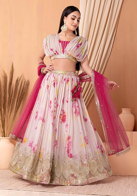 White And Pink Embroidered Lehenga Set With Blouse And Dupatta