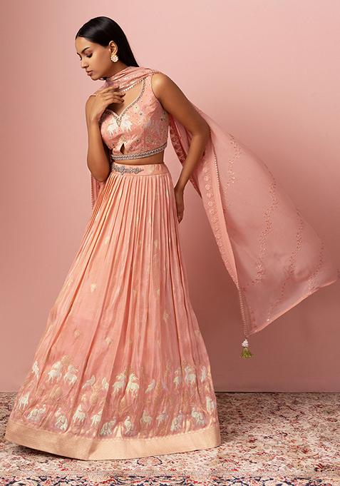 Peach Floral Jacquard Lehenga Set With Embroidered Blouse And Contrast Dupatta