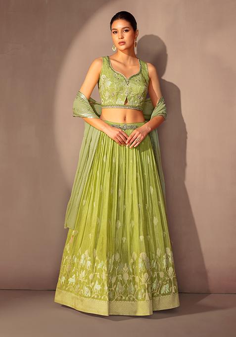 Light Green Floral Jacquard Lehenga Set With Embroidered Blouse And Contrast Dupatta
