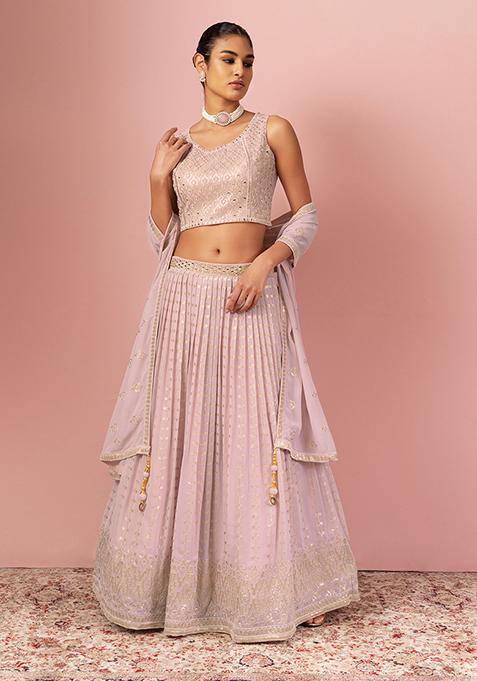 Pastel Pink Sequin Embroidered Lehenga Set With Mirror Embroidered Blouse And Dupatta