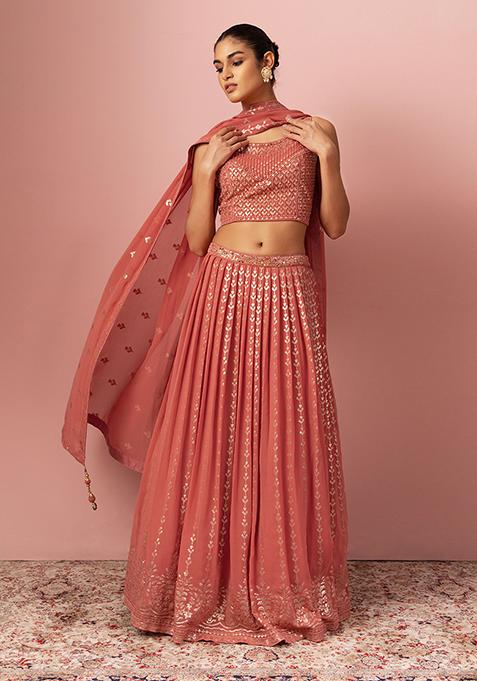 Orange Sequin Embroidered Lehenga Set With Mirror Embroidered Blouse And Dupatta