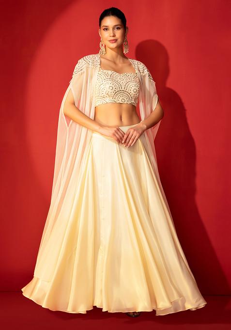 Ivory Lehenga Set With Sequin Embroidered Blouse And Jacket