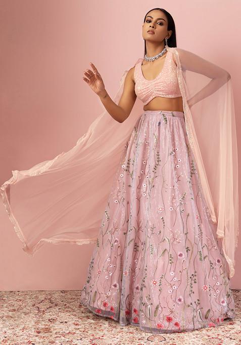 Blush Floral Sequin Embroidered Lehenga Set With Blouse And Dupatta