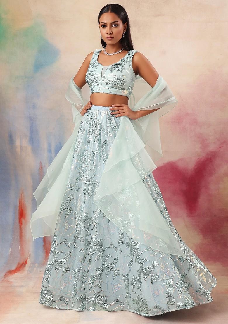 Aqua Blue Sequin Embroidered Lehenga Set With Blouse And Ruffled Dupatta - Indya