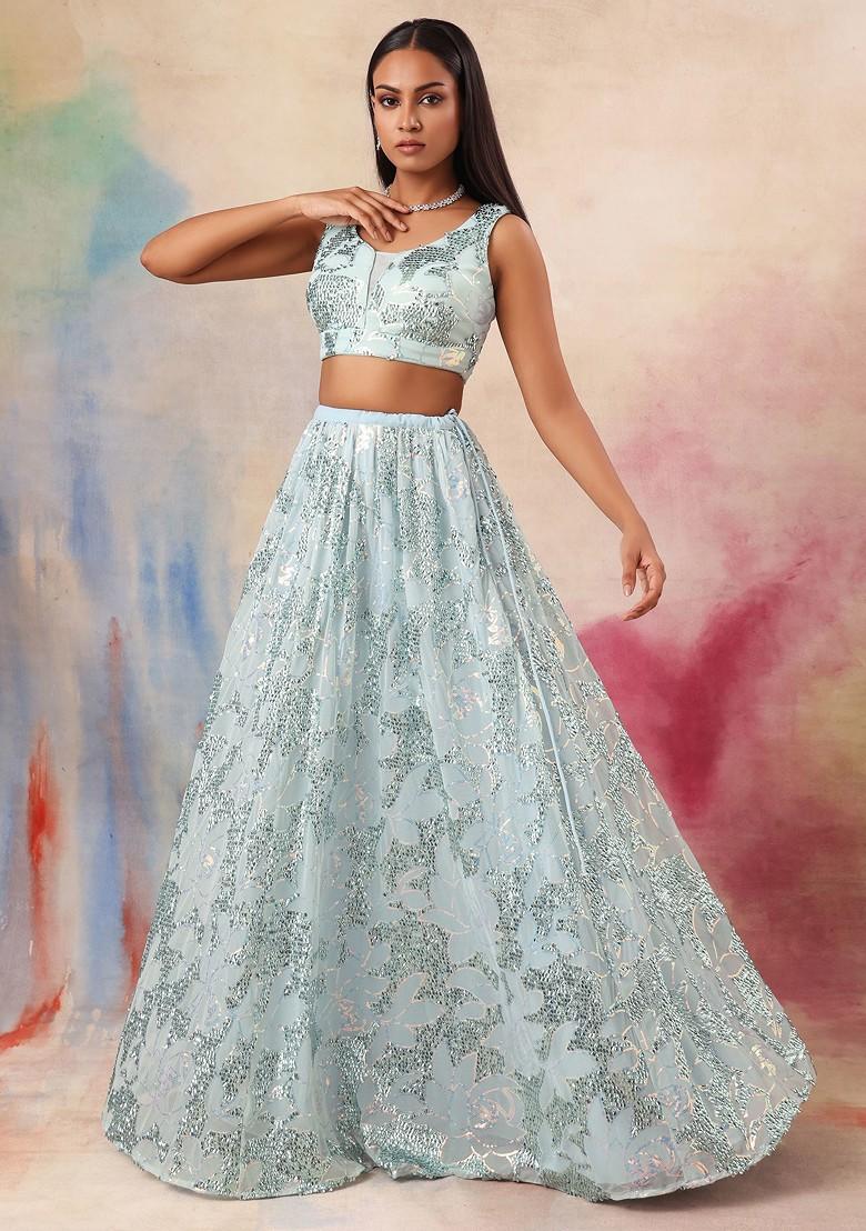Aqua Blue Sequin Embroidered Lehenga Set With Blouse And Ruffled Dupatta - Indya