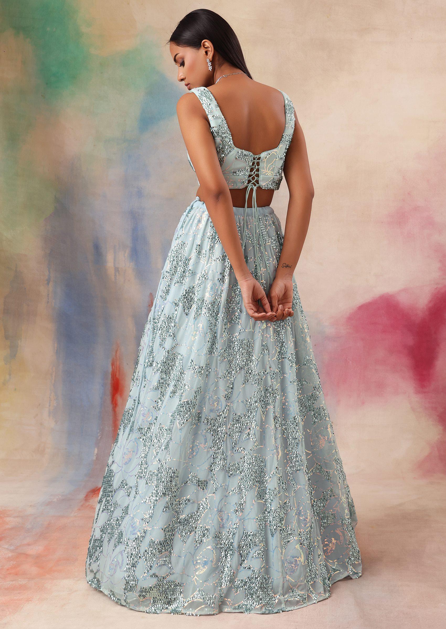 Buy Women Aqua Blue Sequin Embroidered Lehenga Set With